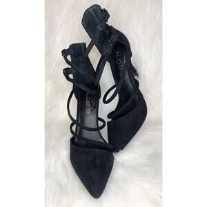 EUC Womens Strappy Heel Suede Leather Stiletto Sz 8.5 Black Date Night Business
